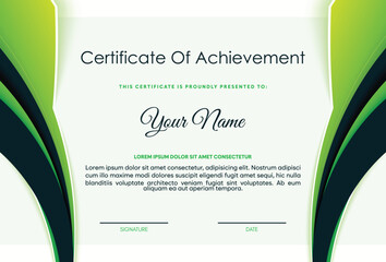 Green certificate of achievement template with wave abstract