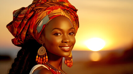HAPPY SMILING AFRICAN AMERICAN WOMAN AGAINST SUNSET BACKGROUND. legal AI