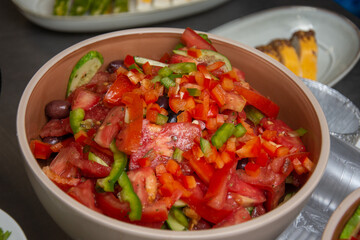 Cucumber salad with tomatoes, cheese,