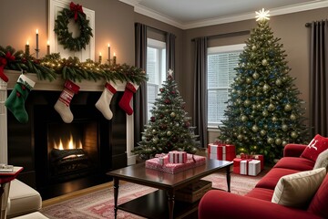 christmas tree with fireplace, Generative ai