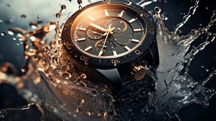 An overhead shot of a wristwatch immersed in water, capturing the play of light and the droplets around it, showcasing its waterproof quality.