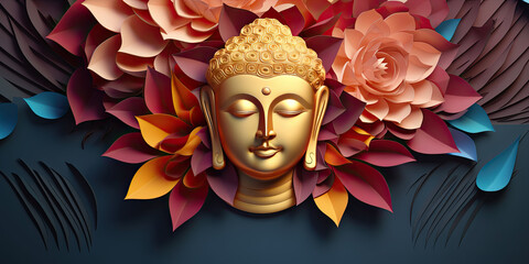Paper cut style, the glowing 3d buddha and flower with gold style on abstract background
