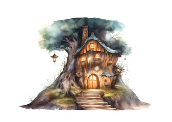 Fototapeta premium Watercolor Illustration Painting Of Mysterious House In The Big Old Wood