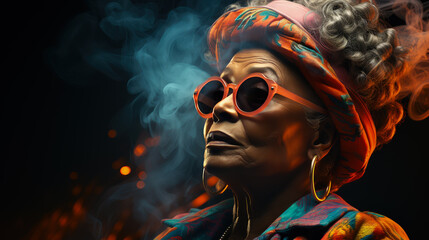 Portrait African American Elderly Woman in Sunglasses. Cool Grandma with Fashionable Glasses and a Stylish Haircut in Neon Lighting