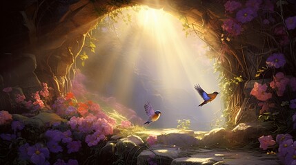 Birds chirping harmoniously above a tunnel adorned with dew-kissed pansies, welcoming the morning sun. - obrazy, fototapety, plakaty