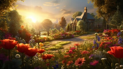 Birds chirping in the distance as the sun reveals the vibrant colors of a flower garden set beside a fresh morning lawn. - obrazy, fototapety, plakaty