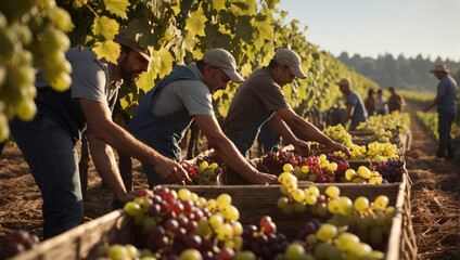 Male farmers harvest grapes that are ripe and ready for harvest. On the vineyard plantations on a bright sunny day, modern farmers harvest grapes, Harvest business concept for creating wine