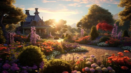 Birds chirping in the distance as the sun reveals the vibrant colors of a flower garden set beside a fresh morning lawn. - obrazy, fototapety, plakaty