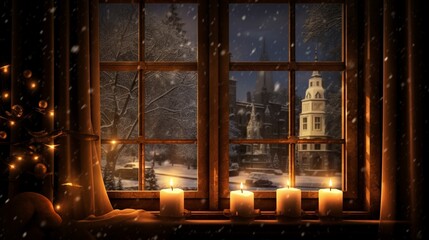 Candles glowing warmly in a window, illuminating a peaceful winter's night.