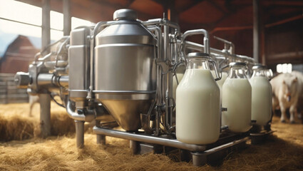 Robotic equipment milks cows, collecting milk in industrial quantities. A large herd of well-groomed cows grazes in a meadow. Big business producing cow's milk. Dairy production on an innovative farm.