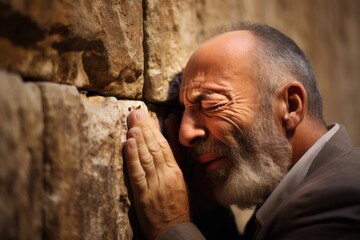 Spiritual Connection: Elderly Man Praying at Wailing Wall in Jerusalem - obrazy, fototapety, plakaty