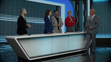 Funny charismatic host inviting the contestant to participate in final quiz round during recording of a fictional morning family game show