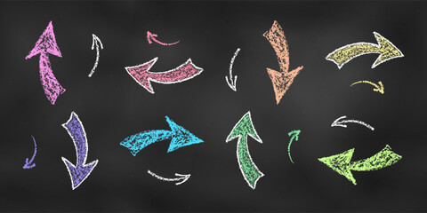 Set of Design Elements Arrows of Different Colors Isolated on Chalkboard Backdrop. Realistic Chalk Drawn Sketch.