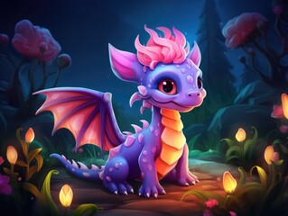 A beautiful cute purple magic dragon with big kind eyes sits against the backdrop of a fairy forest. A wonderful and sweet character.