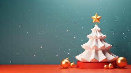 A modern, stylized white Christmas tree stands against a teal background with snowflakes, topped with a vibrant golden star. Orange ornaments lay at its base on an orange platform.