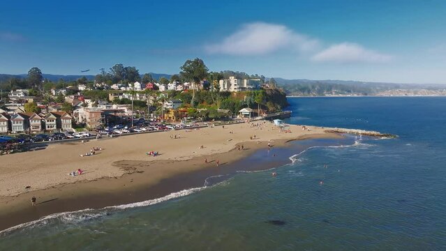 Colorful residential neighborhood Capitola Venetian Court in the California coast, USA. Aerial view of the colorful beach neighborhood in Capitola, California 
