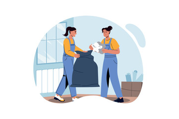 Construction works concept with people scene in the flat cartoon style. Builders remove garbage from the construction site to prepare the object for operation. Vector illustration.