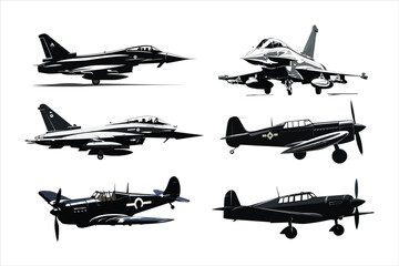 military helicopter isolated on white, Set of silhouettes of airplanes, A silhouette of a fighter jet, a Set of silhouettes of aircraft, a set of silhouettes of airplanes