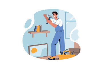 Construction works concept with people scene in the flat cartoon design. A man hangs a picture on the wall to complement the new design of the apartment after renovation. Vector illustration.