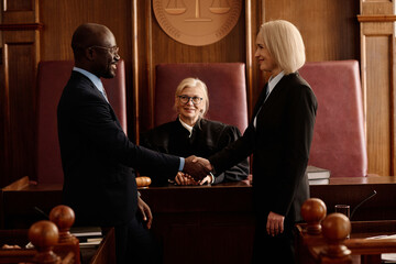 Side view of happy prosecutor and attorney shaking hands after making agreement against smiling...