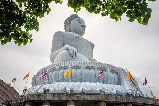 Big Buddha statue Was built on a high hilltop of Phuket Thailand Can be seen from bodhi tree is symbol buddhism. Famous landmark place and most popular for tourist in vacation