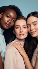 Obraz premium Skincare campaign group portrait with young attractive women. Ethnical diversity