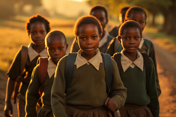 In the soft morning light, African children don their school uniforms, their eager faces glowing with anticipation as they embark on their journey to school. 