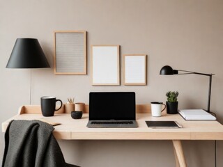 Modern workplace with laptop, coffee cup and other items on wooden table