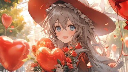 Fototapeta premium Cute chibi LOFI anime manga girl, valentines day hearts background
