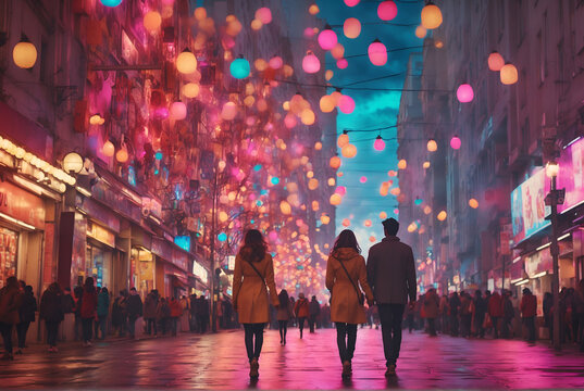 Couple walking on the street in night.