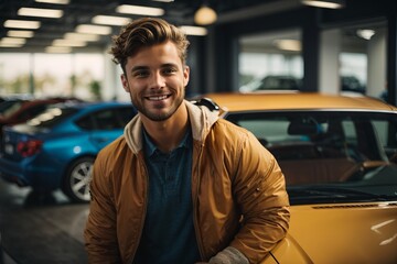A young smiling happy man on the background of his new car in a car dealership.