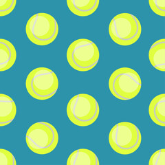 Seamless pattern with tennis balls in flat style on berquoise background. Background for tournament illustrations and sports applications.
