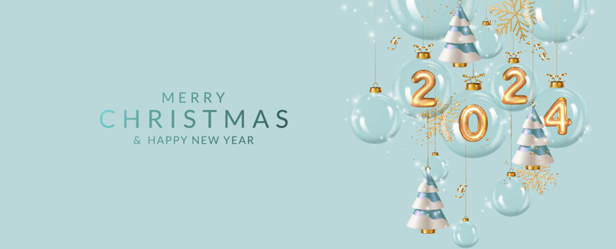 Happy New Year 2024. Christmas and New Year greeting card with balls, golden realistic metallic numbers with christmas trees, ribbon and confetti.