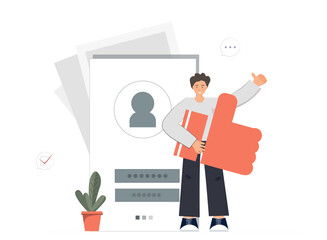 Happy men holding sign like by his hands, like, rate on social networks, chat in the messenger and comments on the blog, flat vector illustration