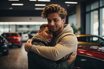 Happy gay couple two men hug in a car dealership. Buying a car and driving concept.