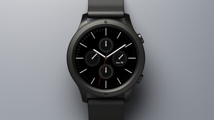 A sleek digital watch with a black strap and a bright LED display 