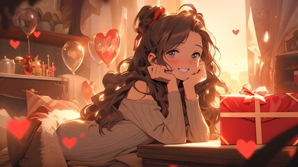 Cute chibi LOFI anime manga girl, valentines day hearts background