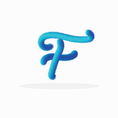  Feathered letter F font vector. Easy editable letters. Soft and realistic feathers. Blue, fluffy, hairy letter F, isolated on a white background.