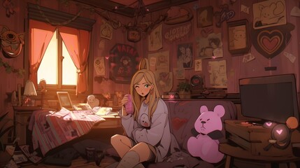 Obraz na płótnie Canvas Cute chibi LOFI anime manga girl, valentines day hearts background