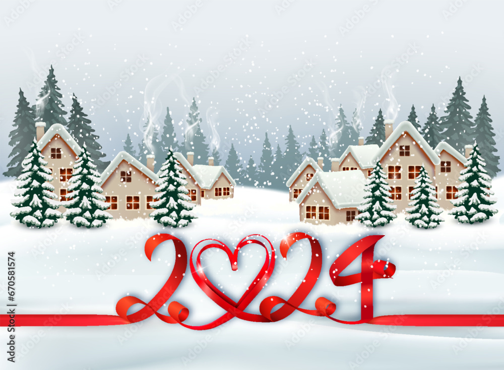 Poster holiday christmas and happy new year background with a winter village and trees and red ribbon with 
