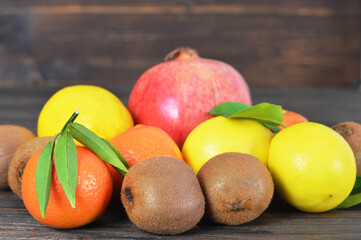 Fruit collection on rustic wooden background. Healthy eating concept