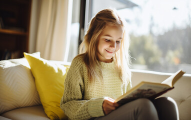 Obraz premium Fair-skinned girl in a warm bright sweater reads a book while sitting on the sofa. Beautiful photo of a teenage female with a book.