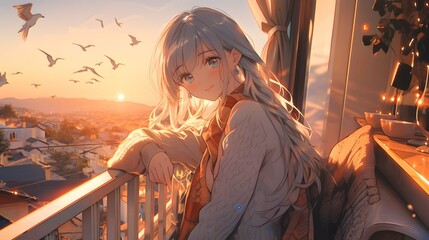 Cute chibi LOFI anime manga girl, valentines day hearts background - obrazy, fototapety, plakaty