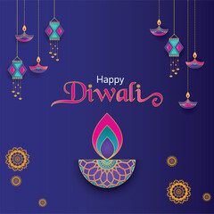 Diwali festival of lights holiday design with paper cut style of Indian Rangoli and diya - oil lamp. Purple background. Vector illustration.