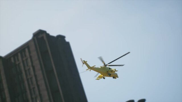 Yellow helicopter during a rescue operation in the city. 3d animation