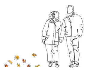  line art of elderly enjoying autumn mood. Fall fun. Winter mood. Old couple. Health and wellness. Positive psychology. Mental health awareness. Warm clothes. Autumn background line art
