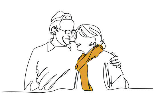 line art of elderly enjoying autumn mood. Fall fun. Winter mood. Old couple. Health and wellness. Positive psychology. Mental health awareness. Warm clothes. Autumn background line art