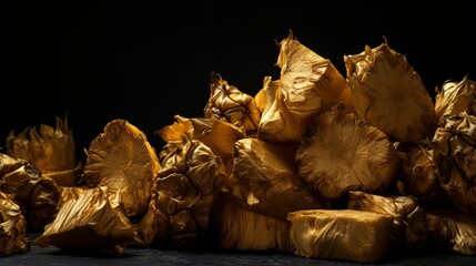 Close-up shot of golden dried pineapples placed against a contrasting dark background, highlighting their rich texture.