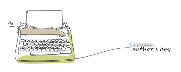Authors day line art poster and banner design vector. Continuous line art of books with inkpot and typewriter vintage style. November celebration. Book lover. Writers editors and authors day. Postcard