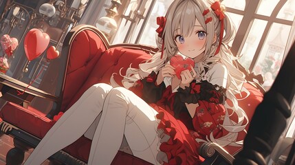 Cute chibi LOFI anime manga girl, valentines day hearts background